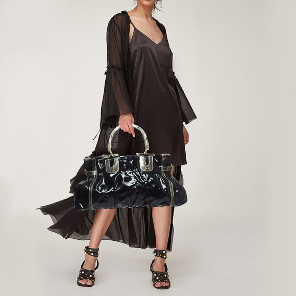 GUCCI Black/Gun Metal Coated Fabric and Patent Leather Pop Bamboo Handle Tote - Picture 2 of 8